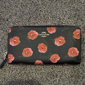 Coach Black Wallet with Red Floral Print and Gold Logo